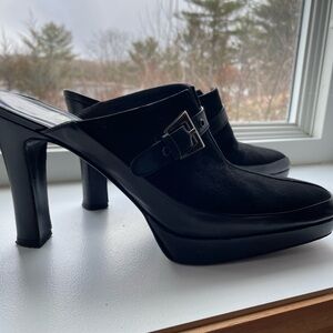 👠 high mule Stuart Weitzman heel suede black classic buckle clogs